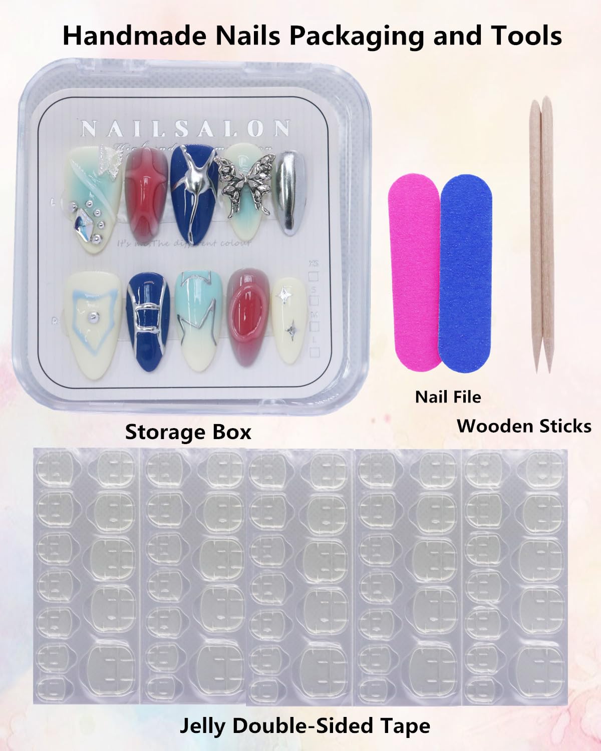 CAMILCY Luxury Handmade Press On Nails Almond Short Blue Silver 3D Butterfly Rhinestone Glossy Fake Nails Reusable Salon Quality Acrylic Nails for Wome 10pcs (A140, L)