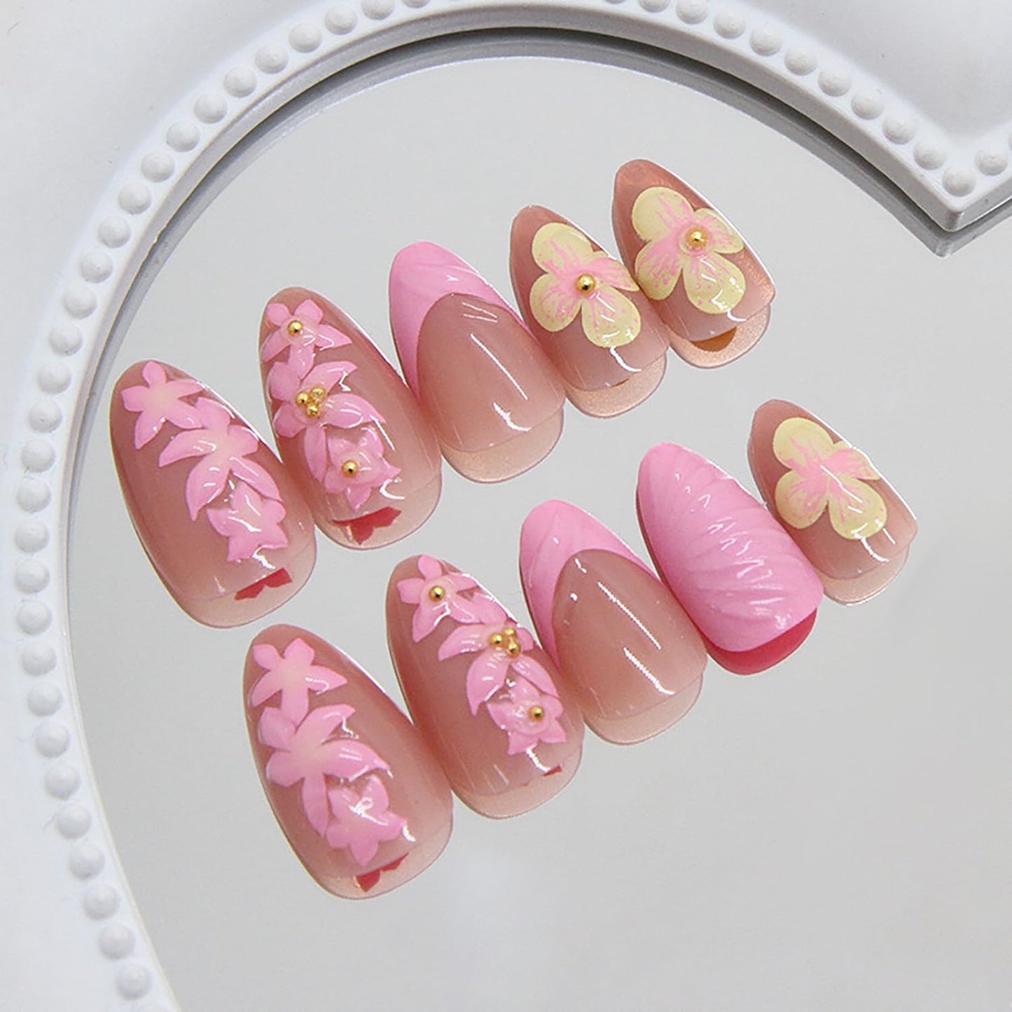 24Pcs Pink Yellow Almond Press on Nails Medium Fake Nails French Tip False Nails with Flower & Rhinestone Design Acrylic Nails Press ons Spring Summer Flower Nail Art Cute Stick on Nails for Women