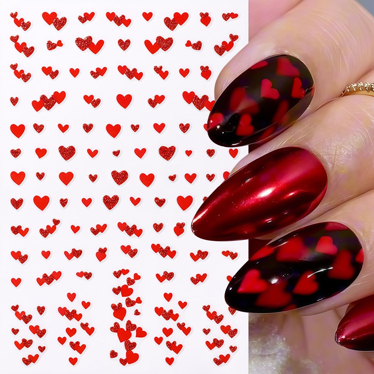 8Pcs Heart Nail Stickers Glitter Shiny Love Nail Decals 3D Self Adhesive Pearl Bow Cherry Nail Art Stickers Valentines Day Red Ombre Gold Hearts Designs Pink Heart French Line Nail Supplies for Women