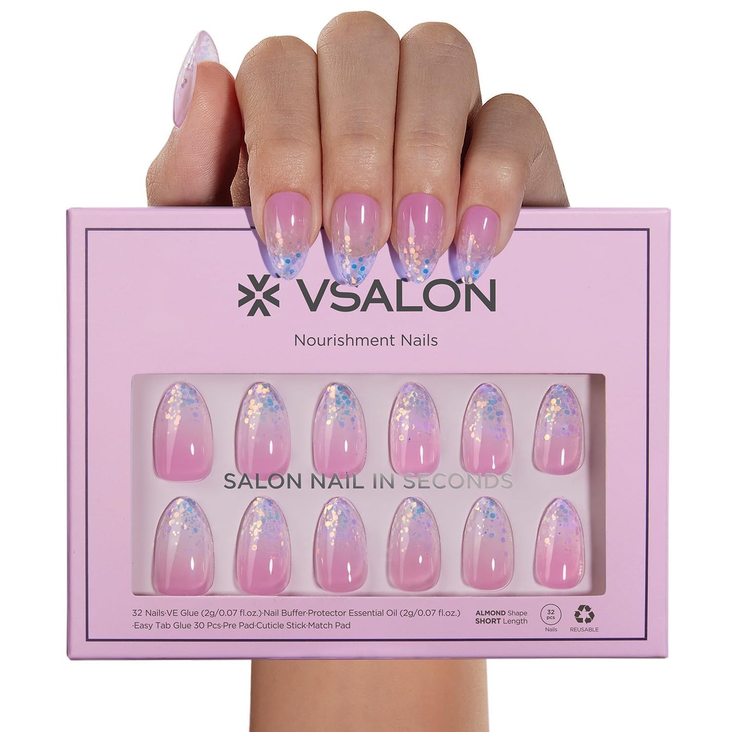 VSALON Almond Short Press On Nails, Summer Pastel Pinky Purple Ombre Blue Sparkle Confetti Sheer False Nails, Reusable Soft Gel Fake Nails with Glue & Cuticle Oil - 32 PCS in 16 Sizes