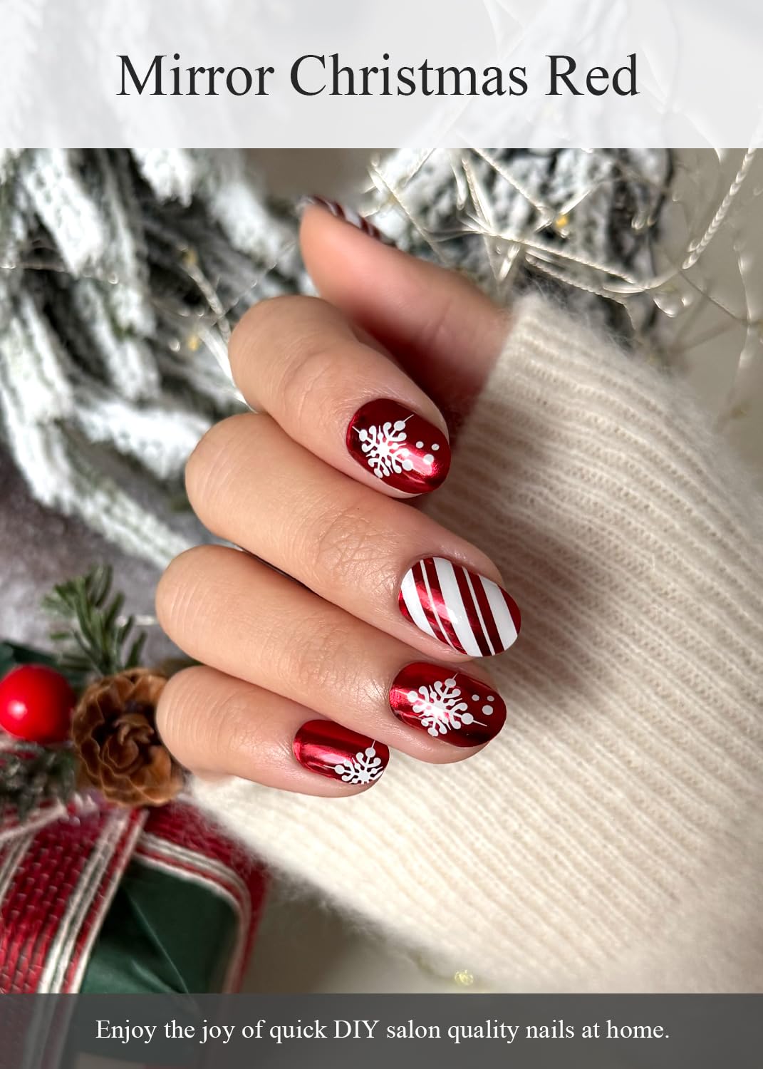 AutyaMee Semi Cured Gel Nail Strips (Mirror Christmas Red), Chrome, 30 Pcs Gel Nail Wraps, Stickers, Long Lasting, Works with Any UV Lamps