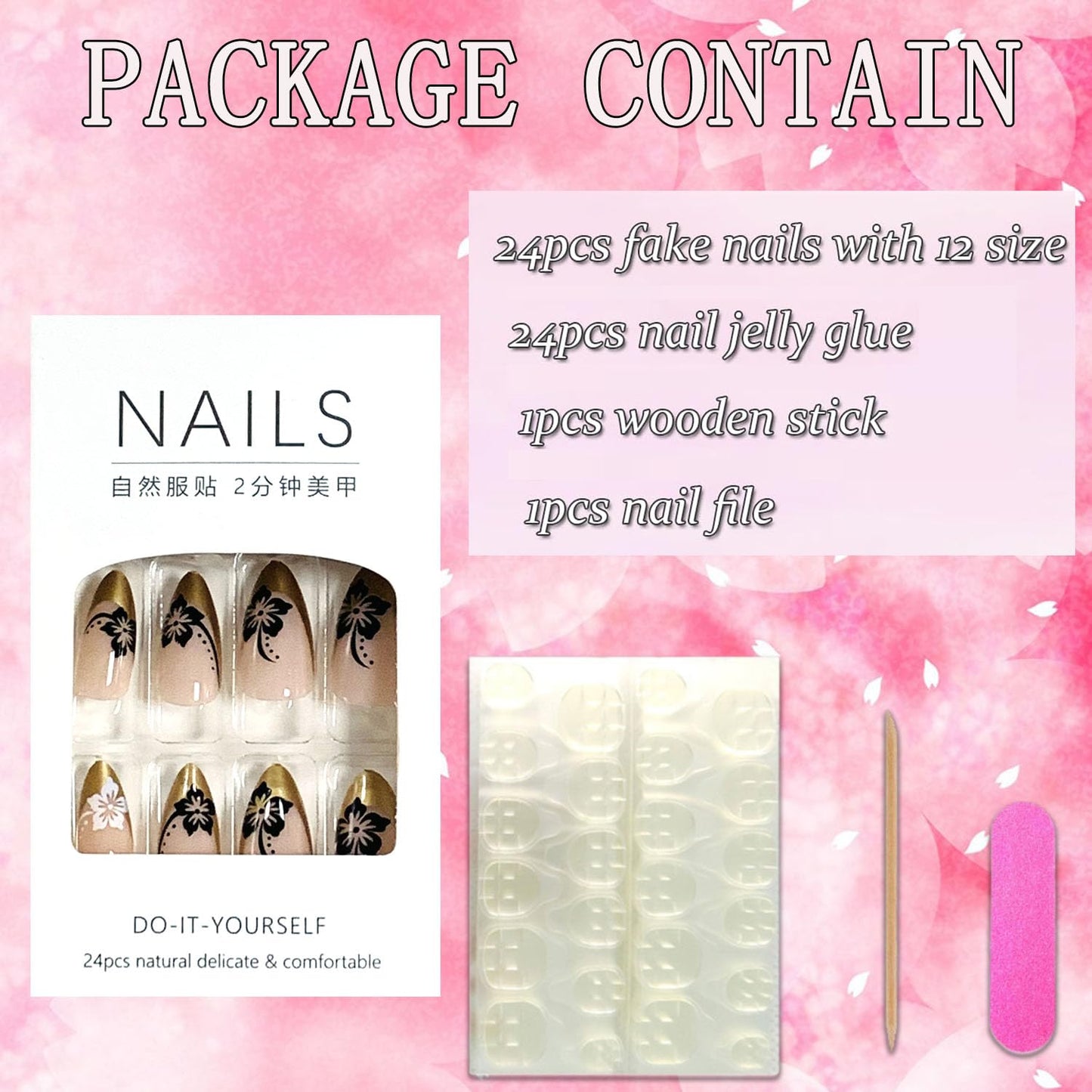 FIEONCIY Press on Almond Nails Short Length Glossy Acrylic Almond Shaped False Nails with Designs Artificial Medium Fake Nails with Charms Glue Stick on Fingernails for Women Girls(WSJ2400)