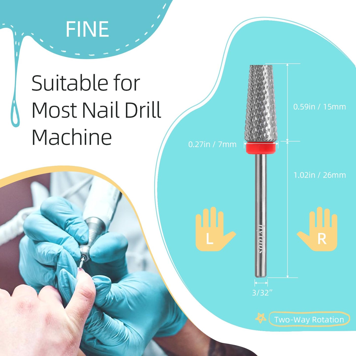 HYTOOS Flat Top 5 in 1 Nail Drill Bit Professional Tungsten Carbide Cross Tapered Nail Bits 3/32" 2 Way Electric File Nail Drill Accessories Manicure Gel Polish Removal Tool F