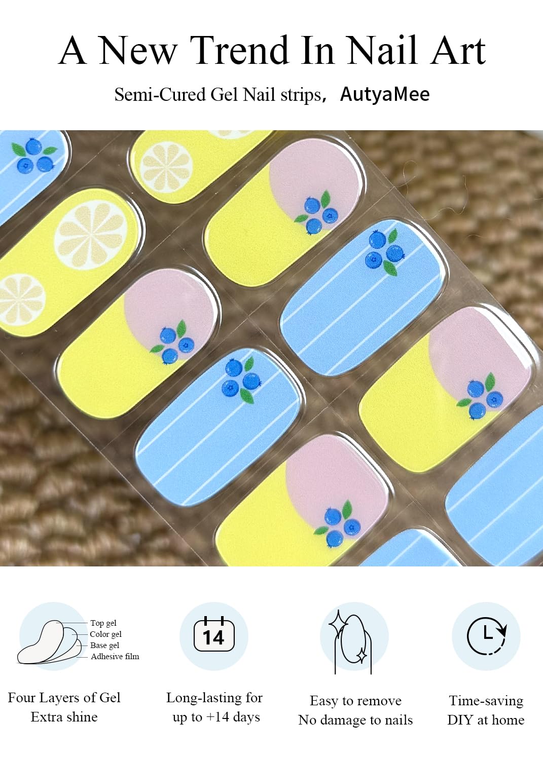 AutyaMee Semi Cured Gel Nail Strips (Fresh Lemon), 20 Pcs Gel Nail Wraps, Stickers, Salon Quality, Blueberry, Summer, Works with Any UV Lamps