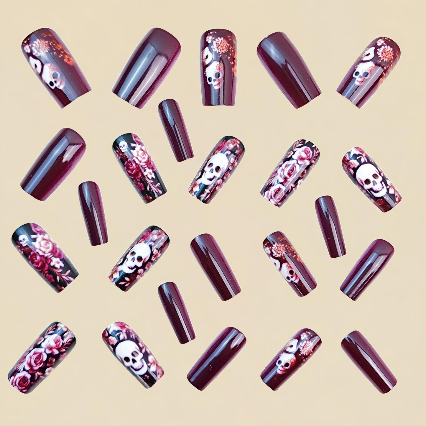 24Pcs Halloween Press on Nail Skull Nails Press ons Medium Length Fake Nail Square Flower False Nails Reusable Black Acrylic Stick on Nail Halloween Glue on Nails for Women Girls