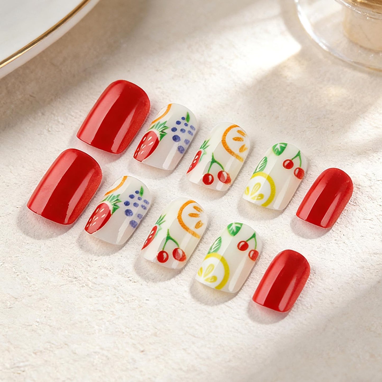 24 Pcs Short Square Press On Nails Red Fake Nails With Fruits Designs Summer False Nails Full Cover Cute Stick On Nail Glossy Reusable Acrylic Glue On Nail For Women Manicure Art