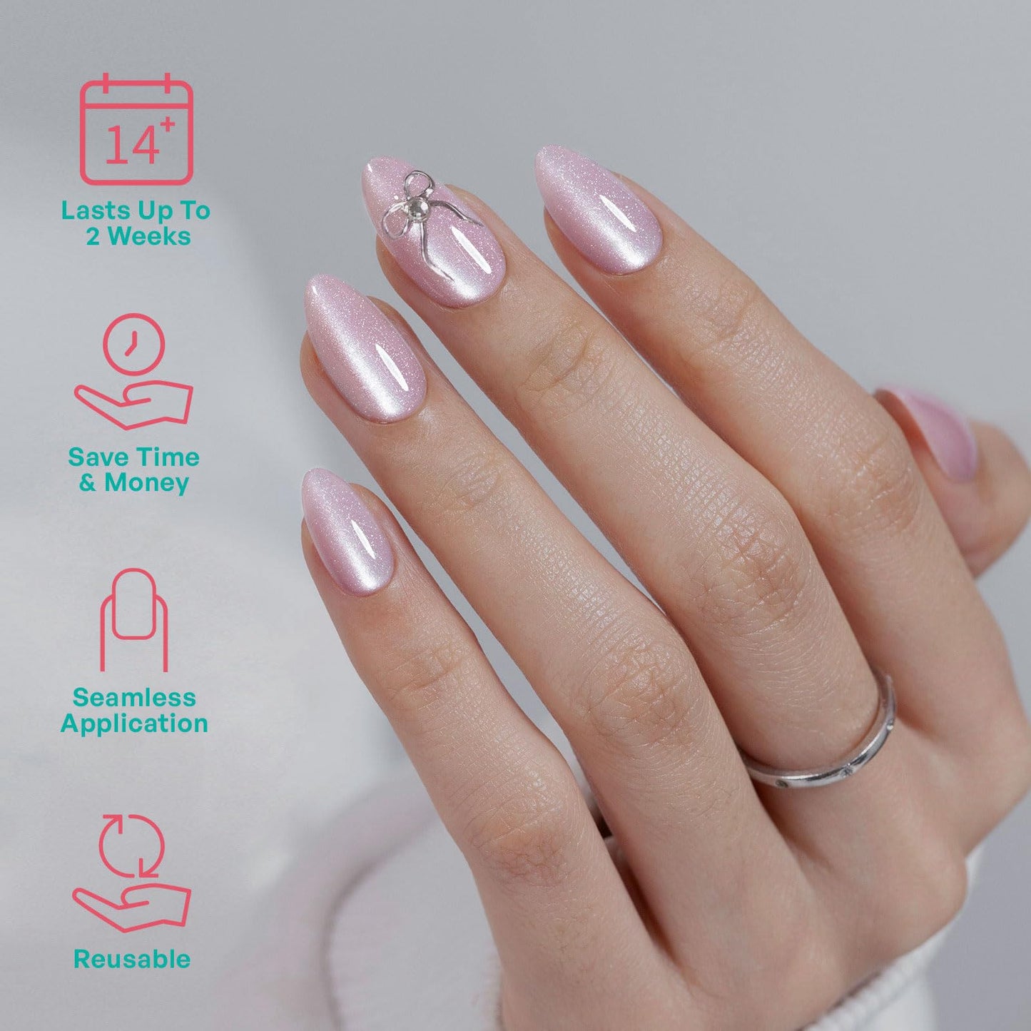 Pink Cat Eye Press on Nails Short - GJZEZ Soft Gel Pink Shimmer with Silver Bow Charm Coquette Almond Fake Nail Press ons Gifts for Women, Cute Glam Reusable Faux Nail in 16 Sizes 32 PCS, Velvet Bows