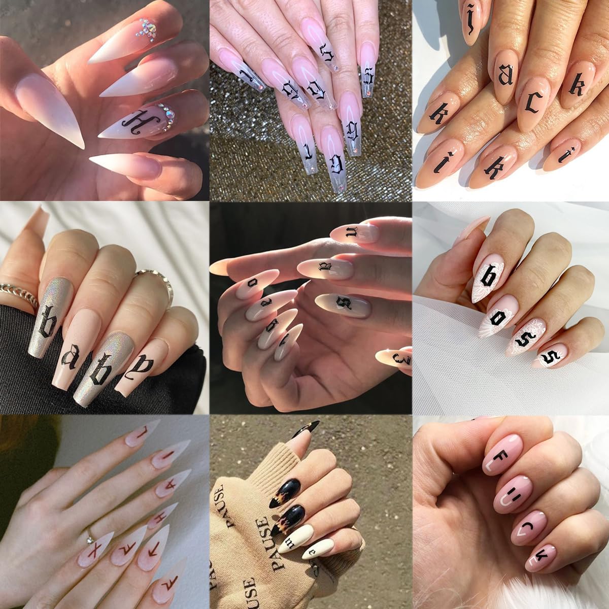 Retro English Letters Nail Stickers 3D Self Adhesive Old English Nail Art Stickers Black White Gold Silver Nails Design Decals Old Alphabet Nail Decorations for Women DIY Nails Supplies 8Sheets