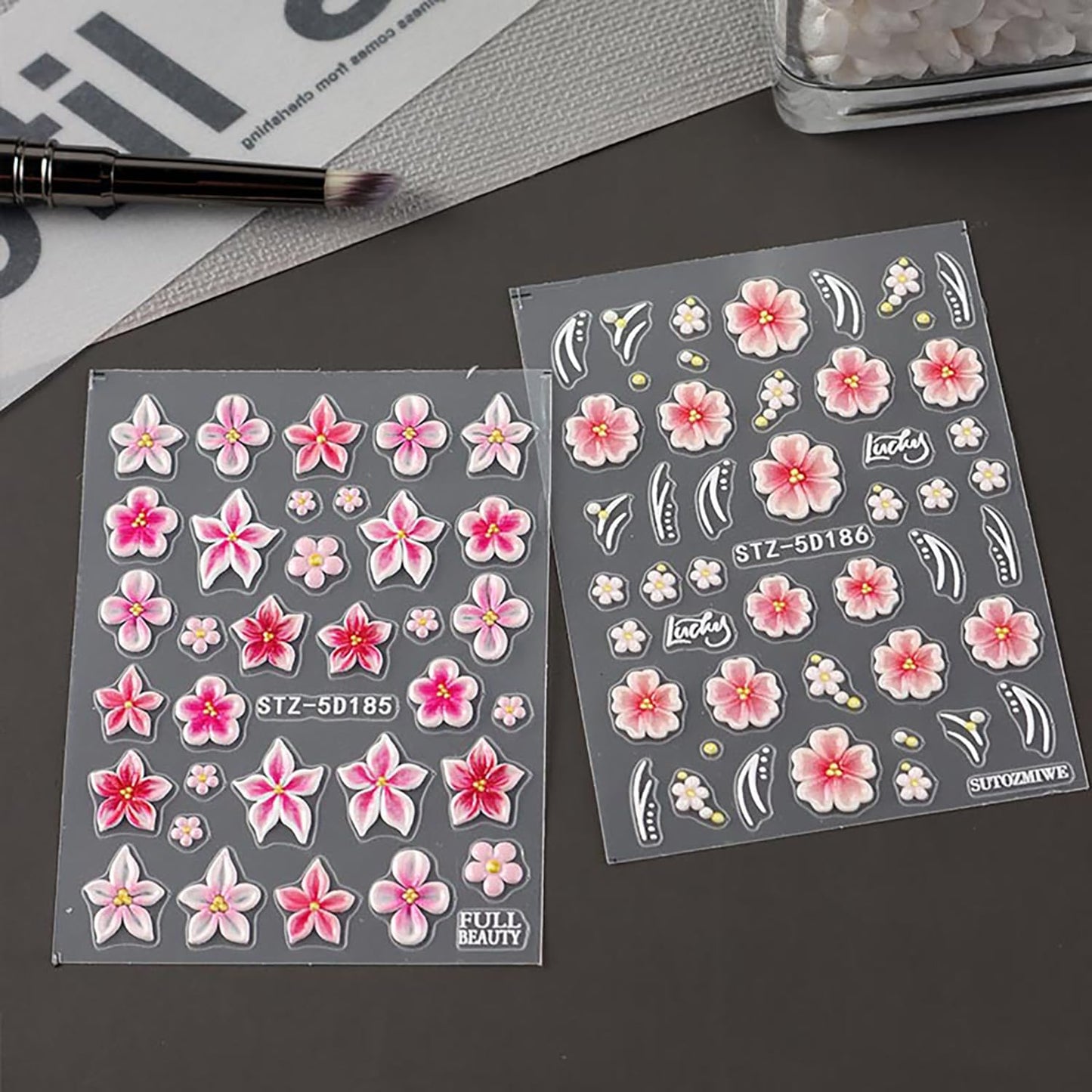 CJDLTS 2 Sheets 5D Flower Nail Art Stickers 5D Relief Self -Adhesive Cherry Blossoms Nail Decals Holographic Pink Cherry Blossoms Nails Stickers for Women Spring Acrylic Nails Decoration Supplies