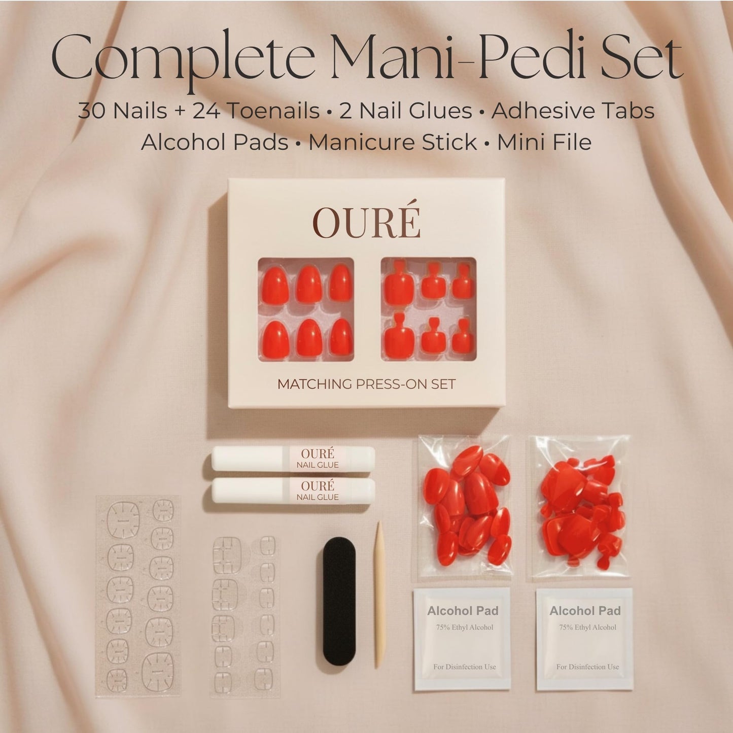 OURÉ Matching Press On Nails and Toenails Mani Pedi Set, Short Almond Soft Gel Nail Kit with Glue, 30 Press On Nails + 24 Press On Toenails, Reusable Fake Nails (Love Letter – Warm Red)