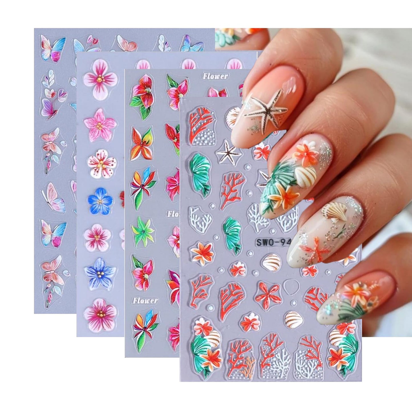 Flower Nail Stickers 5D Embossed Pearl Ocean Nail Decals 3D Self-Adhesive Summer Nail Art Stickers Coral Nail Designs Butterfly Beach Nail Art Decoration for Women Girls DIY 4 Sheets