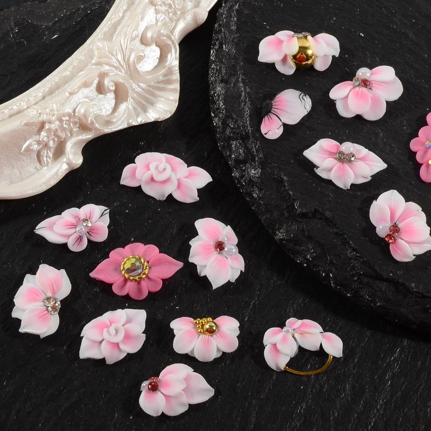 30PCS 3D Handmade Flower Nail Art Charms Advanced Handcrafted Cherry Blossom Flower Colorful Sculpted Floral Nails with Rhinestone Caviar Beads Design for Women Profession Nail Art Craft Jewelry