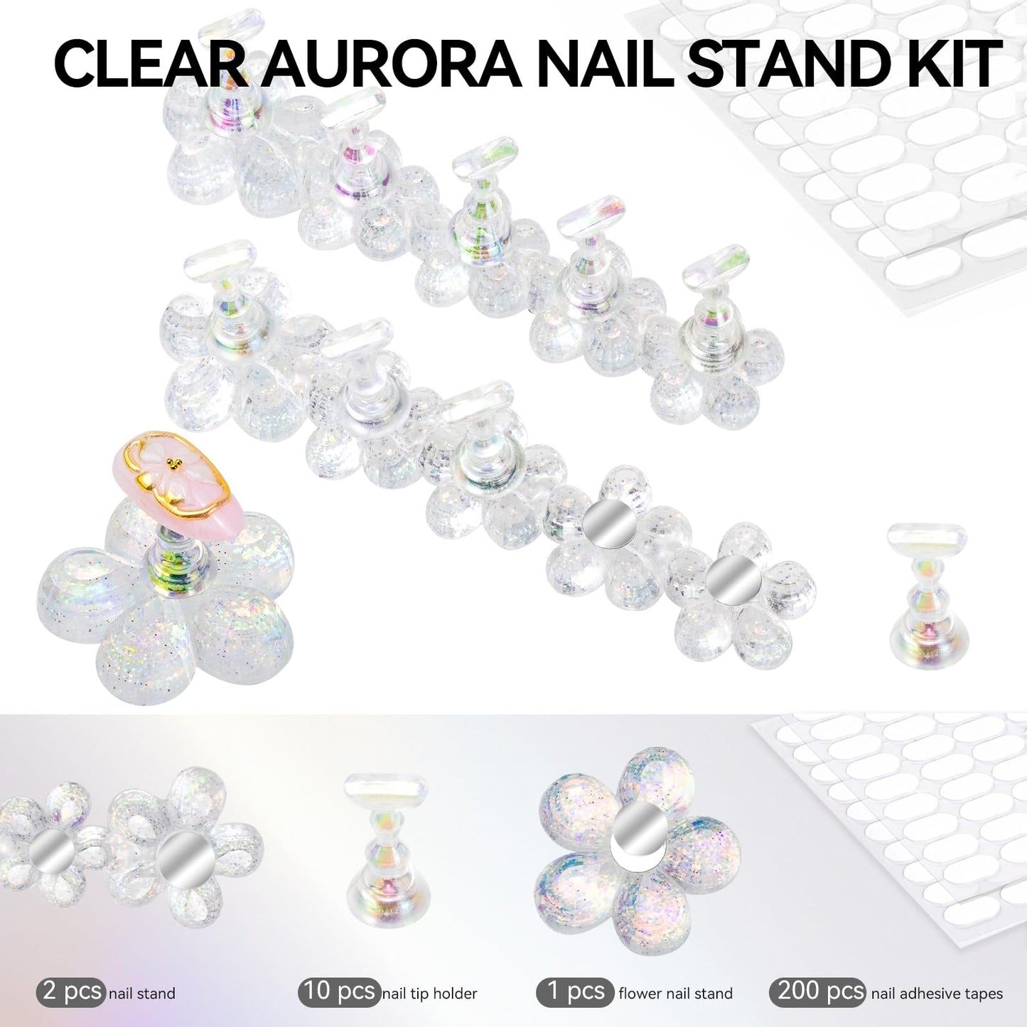 ESUOHYM Nail Stand for Press On Fake Nails Painting Display Practice, Powerful Magnetic Nail Holder for Design, Flower Nail Stand with 200 PCS Double-Sided Tapes, Nail Tools for Home Salon