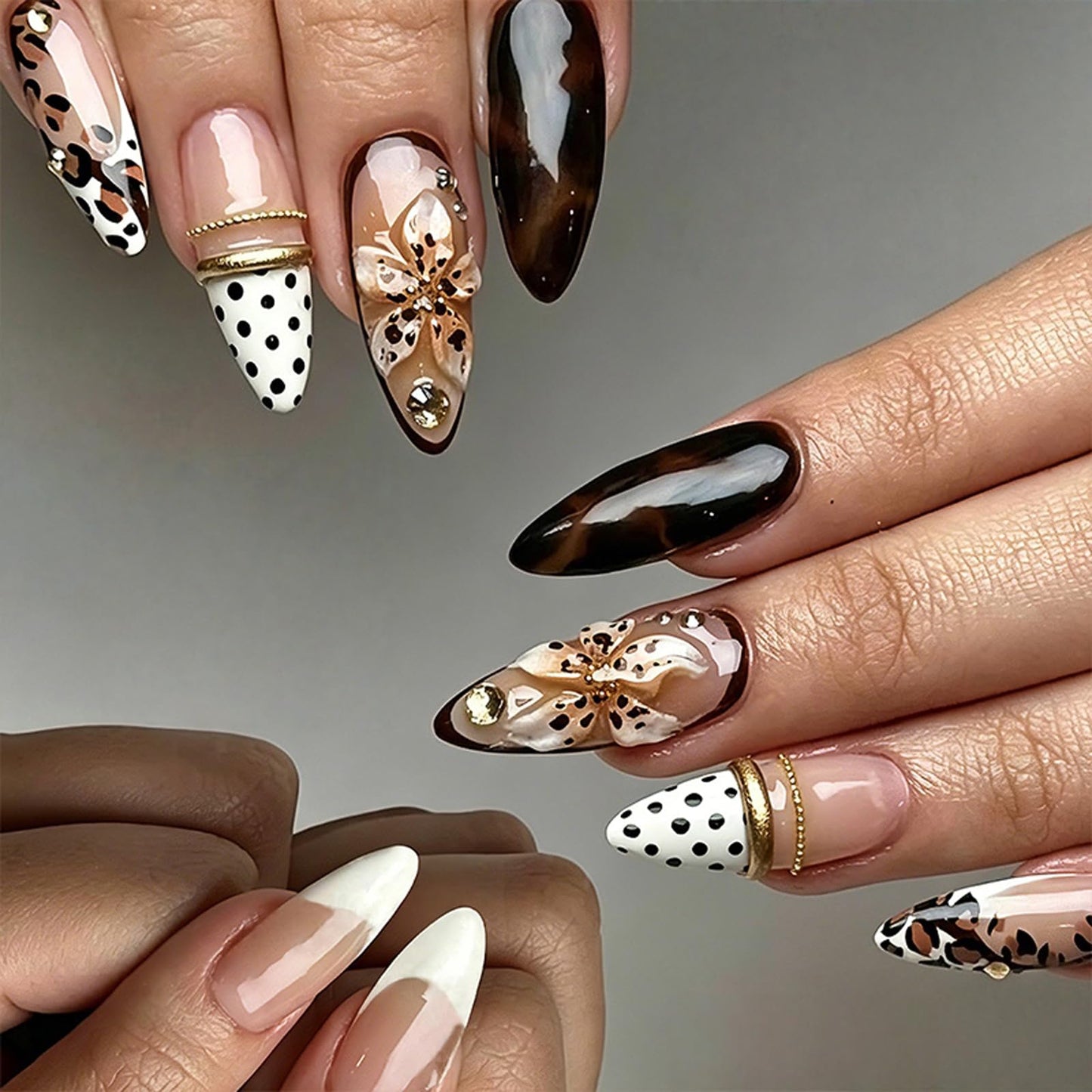 Brown Press on Nails Medium Almond Nails Press on with 5D Flower, Polka Dot & Tortoiseshell Design French Tip Fake Nails Leopard Print Glue on Nail Reusable Fall Summer Nail for Women Manicure 24Pcs