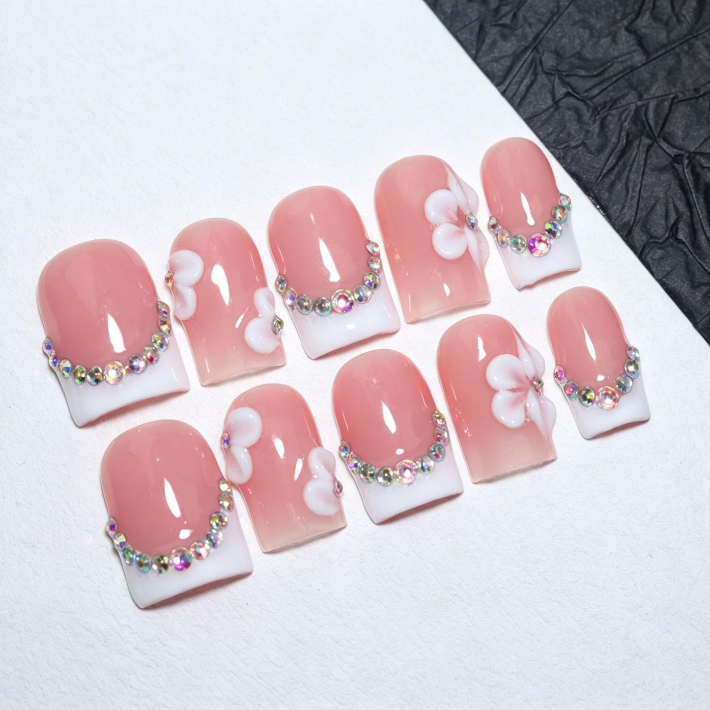 EasierGlow 10 Pcs Handmade Short Square Press On Nails - Easy Apply & Remove, Reusable Salon Quality | Pink White French Press Ons with 3D Flower & Iridescent Rhinestone Chain Accents (EGB01, S)