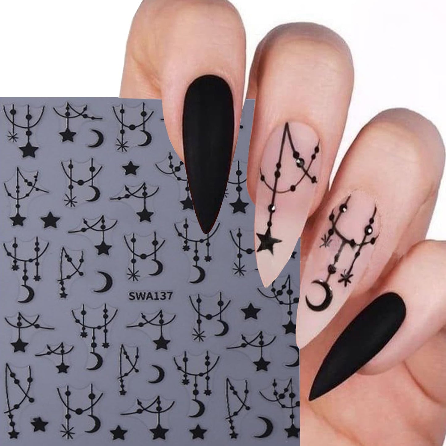 CJDLTS 6 Sheets Moon Star Nail Art Stickers 3D Self -Adhesive Hollow Stars Nail Decals Holographic Black & Silver Pendant Star Moon Nail Stickers Unique Nail Decoration for Women Manicure Supplies