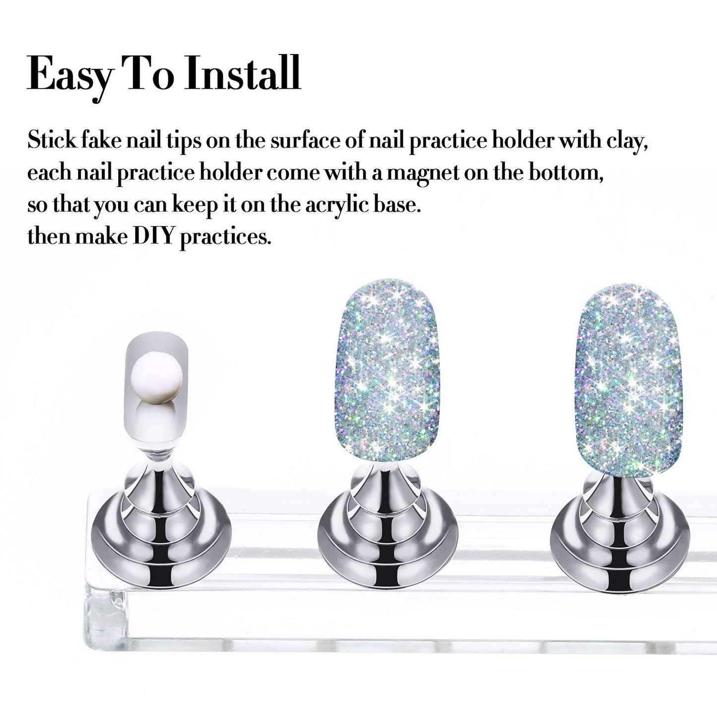 Blulu 6 Sets Magnetic Nail Tip Display Holder Acrylic Display Stand Nail Tip Practice Art Training Stand for DIY Manicure Fingernail Salon(Silver)