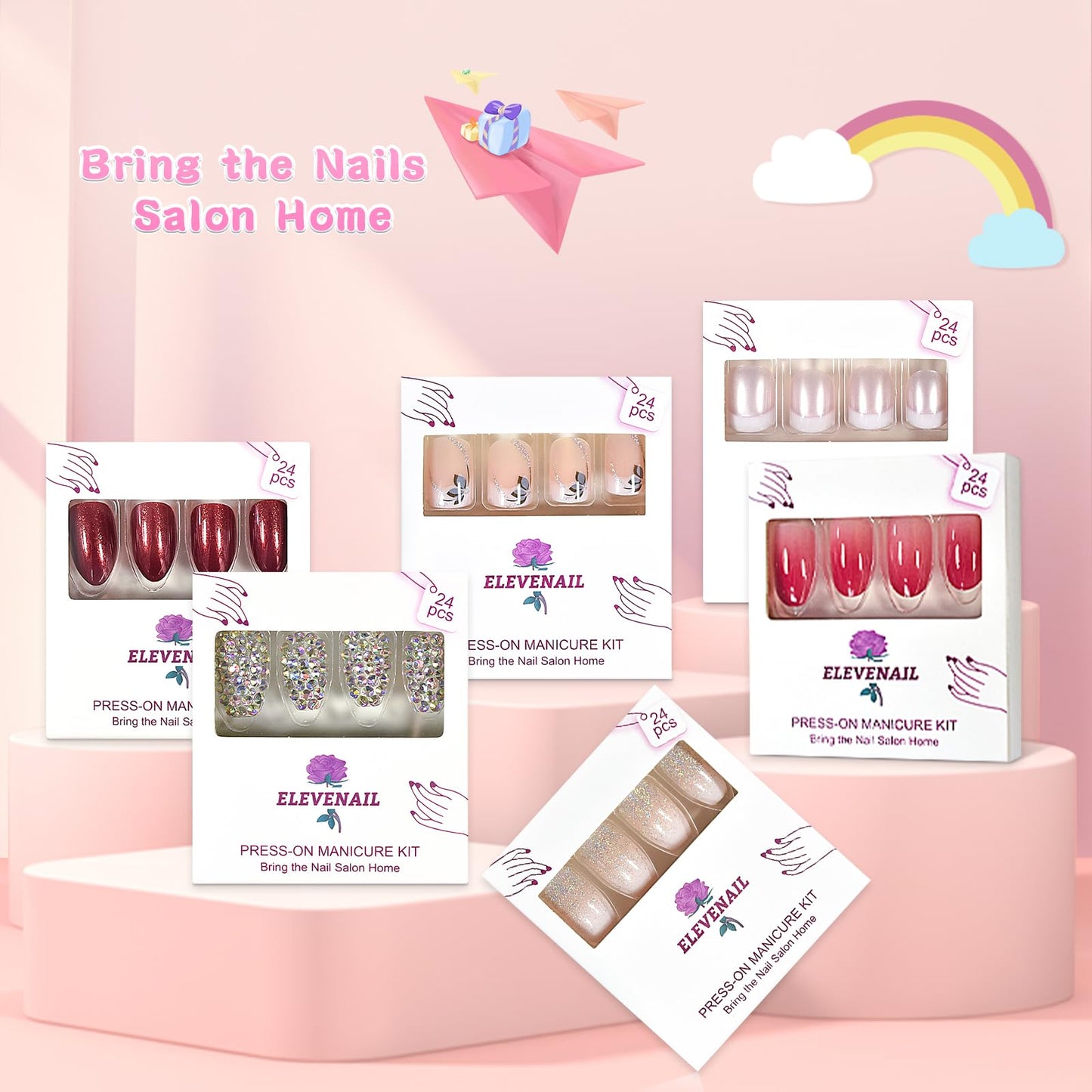 Elevenail Handmade Nails 24pcs Full Cover 3D Rhinestones Press On Nails Almond Medium Length Nails Women Girls Gifts Salon Manicure Shiny Crystal Nail Art Tips Fake Nails Reusable Acrylic False Nails