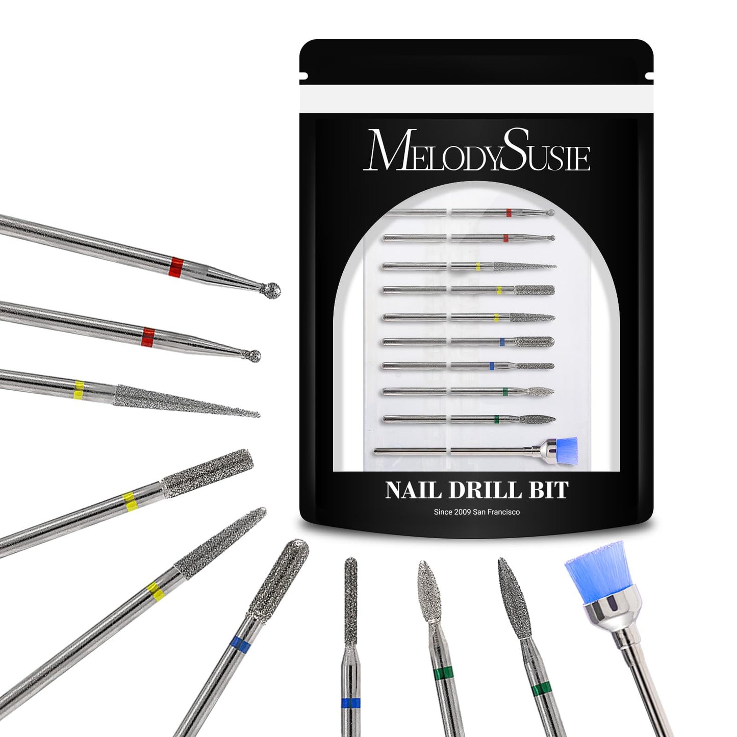 MelodySusie Semi Cured Gel Nail Strips (Chrome)- Works with Nail lamp and MelodySusie 10pcs Nail Drill Bits Set, 3/32 Inch Diamond Cuticle Nail Bits Kit for Nail Drill E-File
