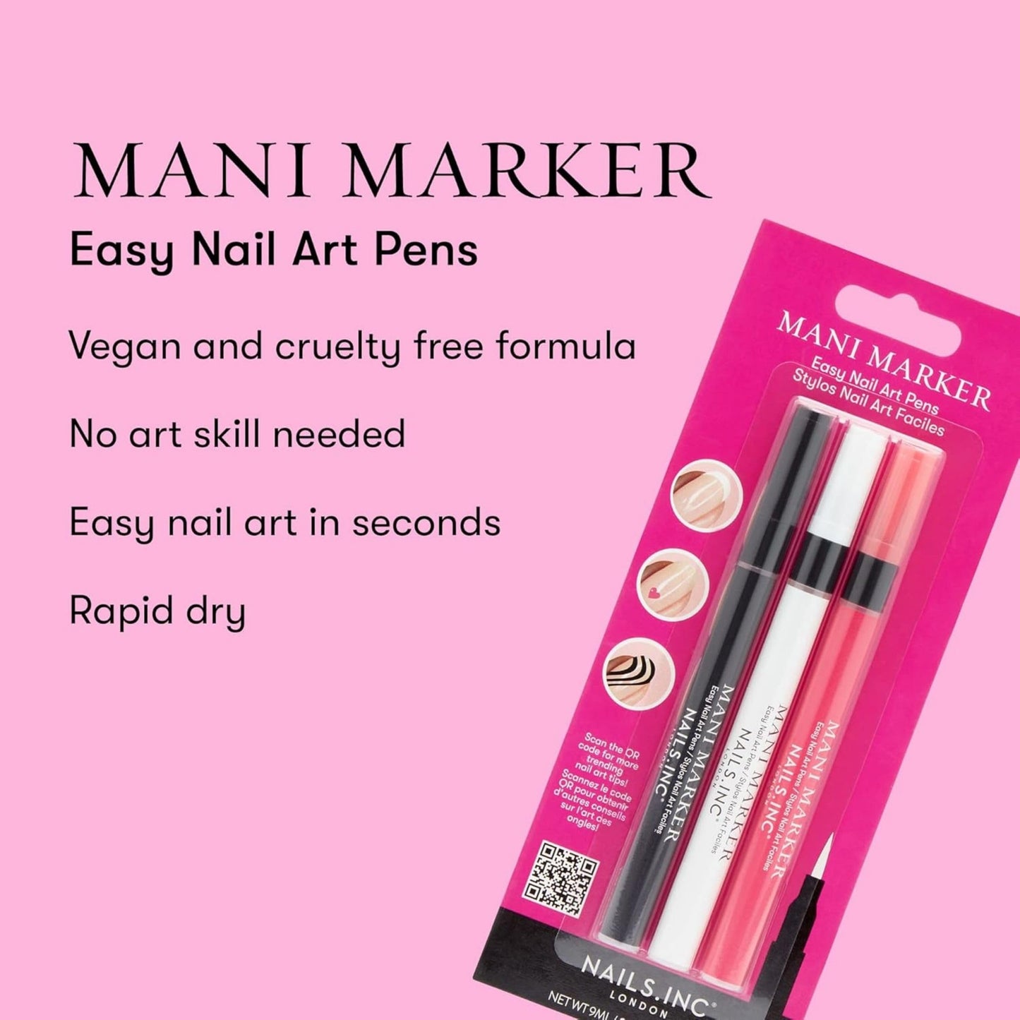 Nails.INC Mani Marker Nail Art Pen Trio, DIY Nail Drawings, Fine Tip, Thin Brush, No Bleed, Manicure Tools, Drawing & Painting, Long Lasting, Vegan, Cruelty Free, Nail Art Pen 3 Piece Set