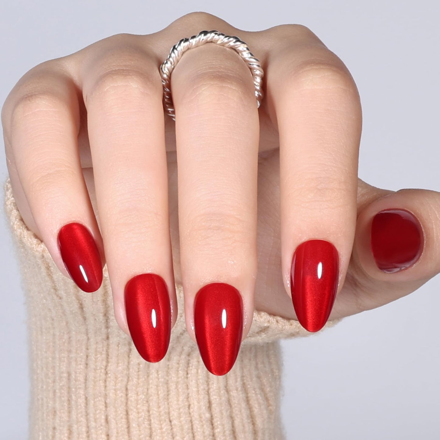 Red Cat Eye Press On Nails Almond - Short Almond Fake Nails with Nail Glue, Red Cateye Press On Nails Reusable Stick On Nails in 16 Sizes 32 Nail Kit for Women & Girls | Salon Quality
