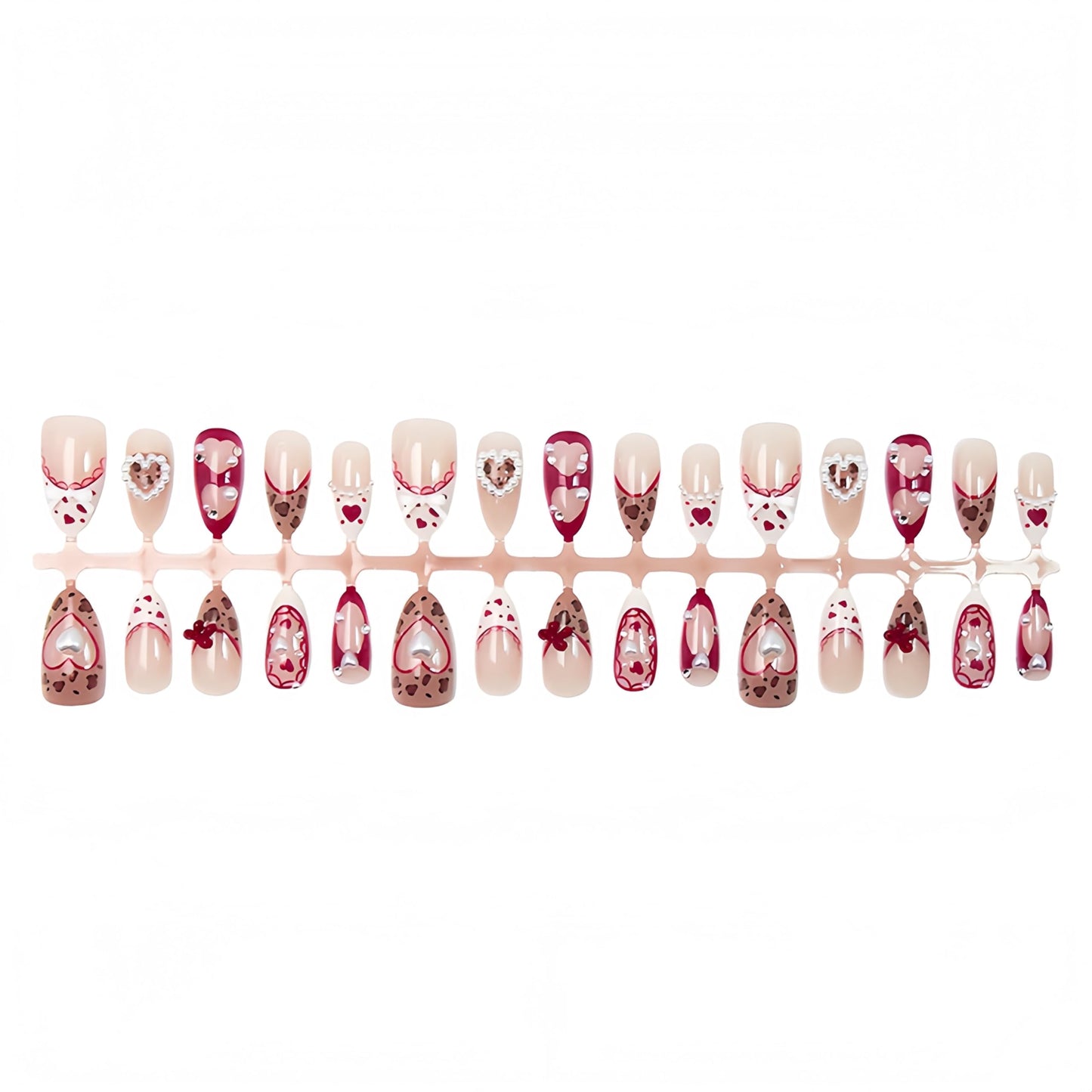 30pcs Valentine's Press On Nails Set Medium Almond Fake Nails 3D Love Bow Pearl Gems Beads Rhinestones Design Leopard Print French False Nails Y2k Handmade Holiday Nail Heart Glue on Nails for Women