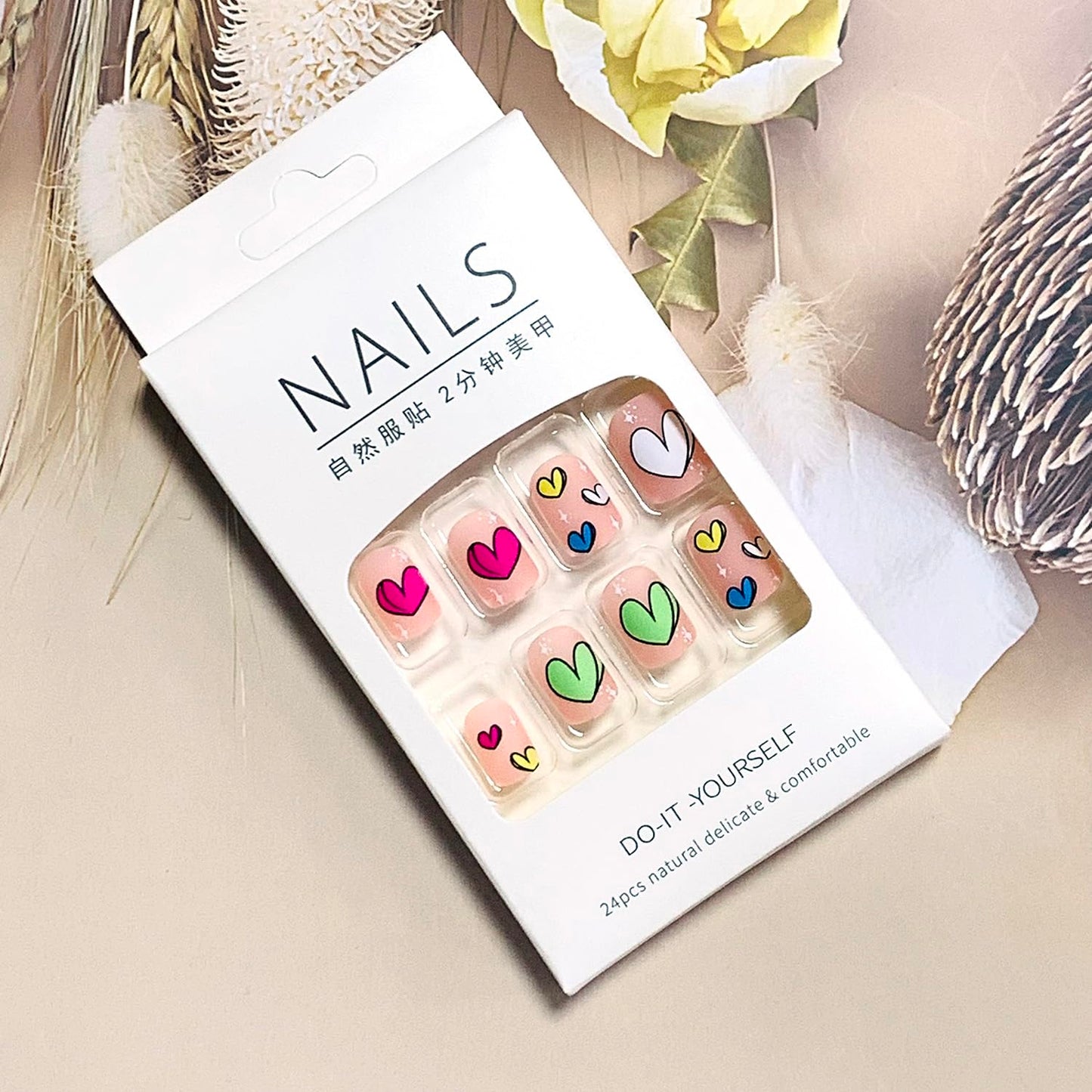 FIEONCIY Press on Nails Short Square Shaped Glossy Full Cover Acrylic Extra Short Square False Nails with Love Heart Designs Artificial Fake Nails Glue Stick ons Fingernails for Women Girls(A304)