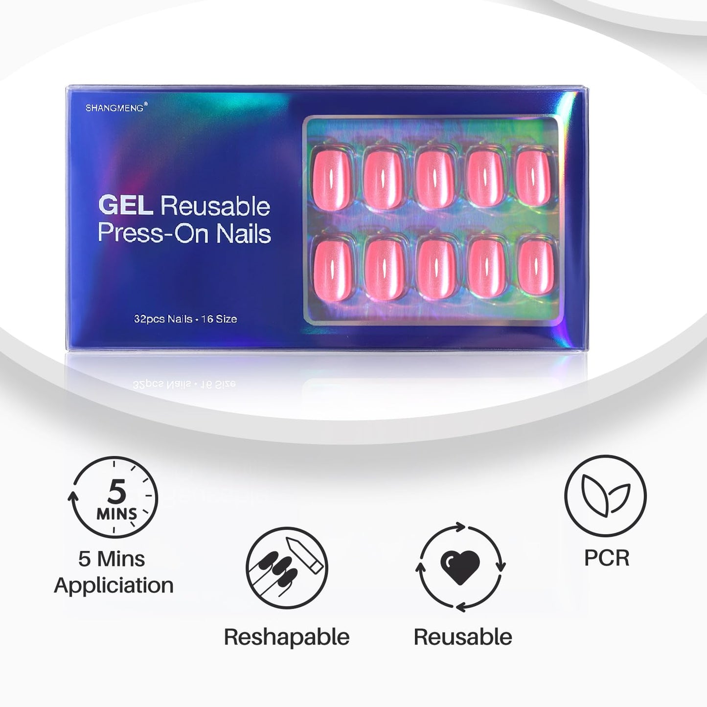 Pastel Baby Pink Press on Nails Short - SHANGMENG Soft Gel Valentines Cat Eye Press on Nails Square for Women Gift, Glossy Glue on Nails in 16 Sizes - 32 Reusable Fake Nails Kit with Glue, Sweet Kiss