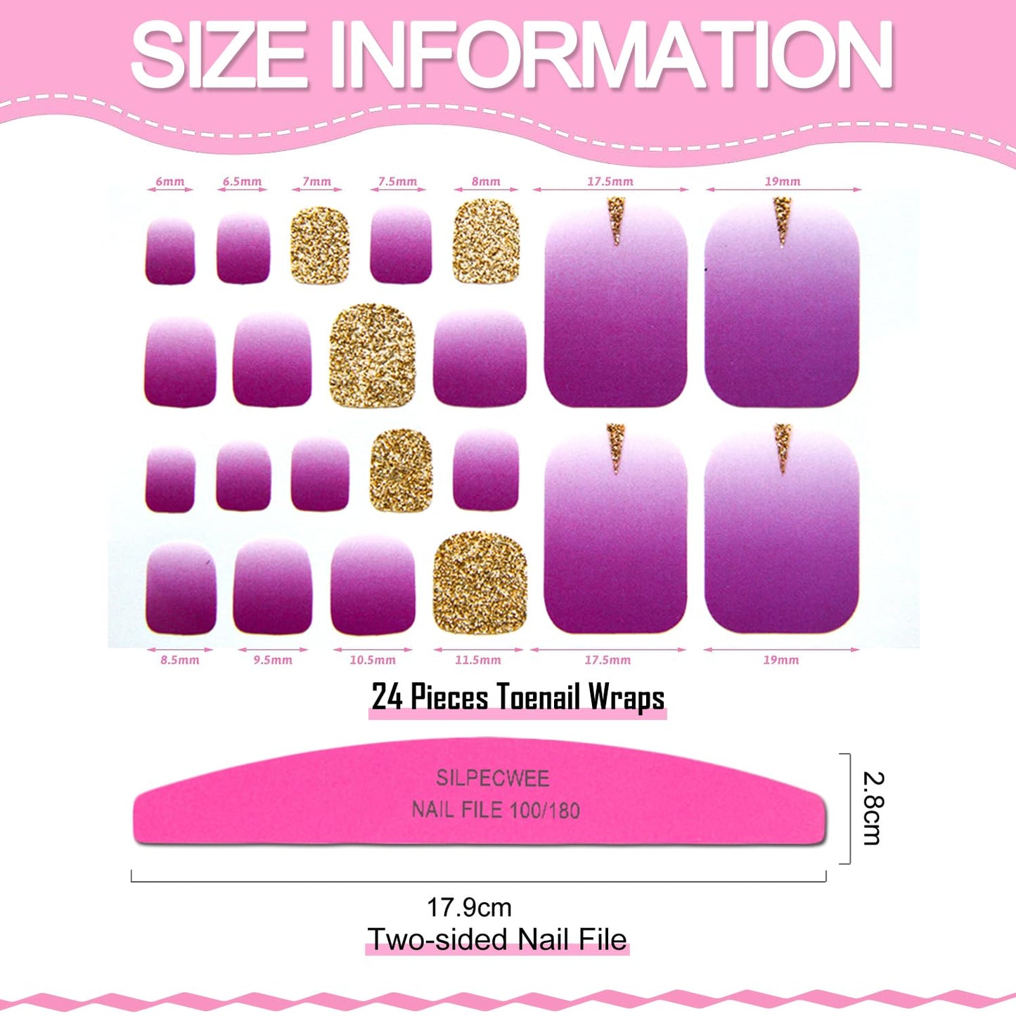 SILPECWEE 20 Sheets Toenail Polish Strips for Women Toe Nail Stickers Full Nail Wraps Self Adhesive Gel Nail Strips Toes Manicure Sticker for Nail Art Accessories with Nail File