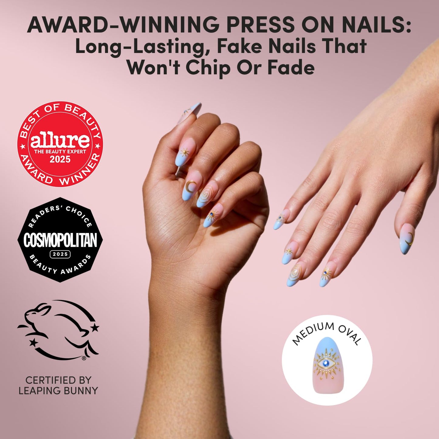 Glamnetic Press On Nails - Medium Oval Fake Nails with Blue French Tips & Celestial Gold Accents | Salon Quality | French Tip Nails | Spirited Sky | 15 Sizes - 30 Nail Kit with Glue