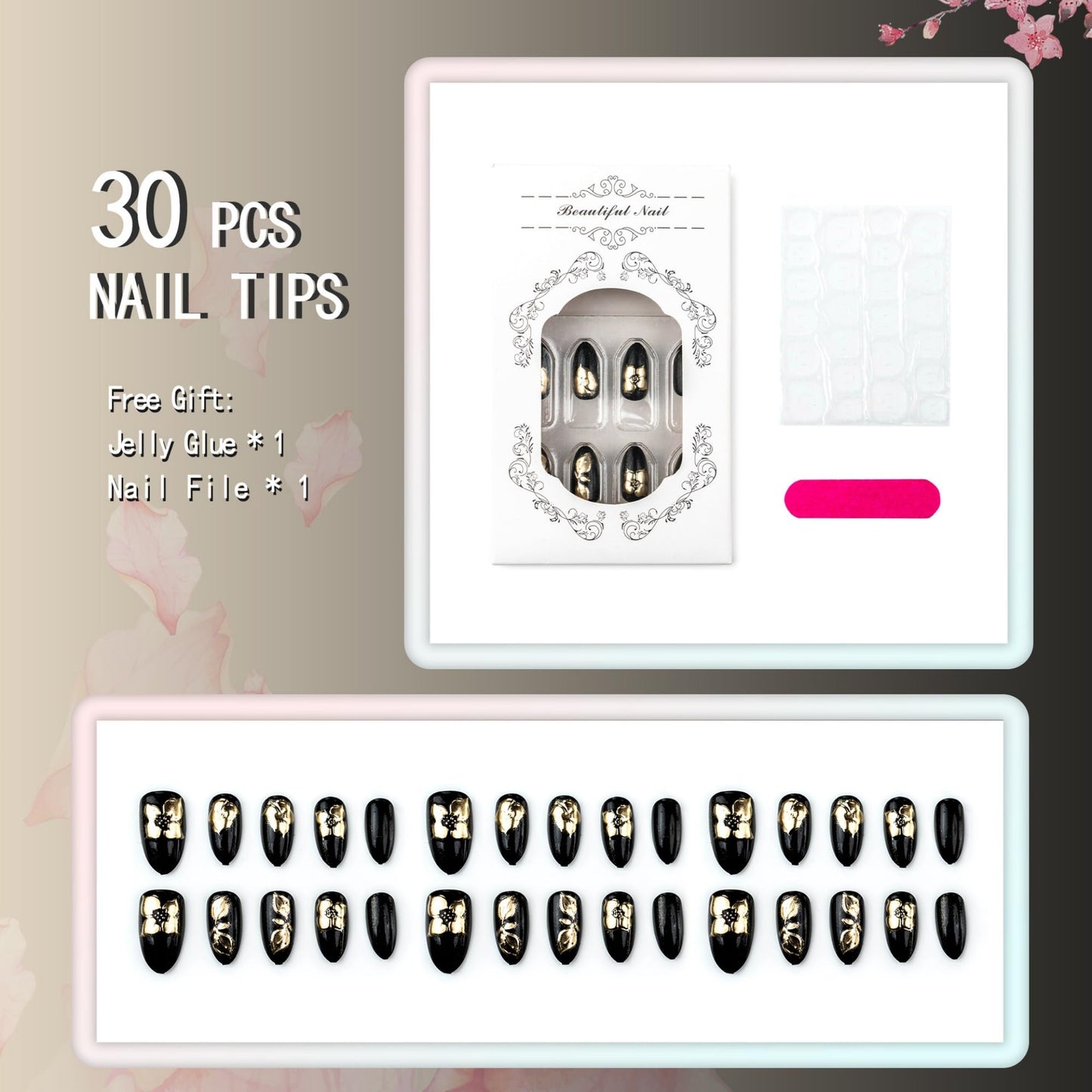 octoswave Press on Nails Short Almond Fake Nails Black Artificial Nail with Gold Flowers Stick on Nail for Women 24pcs