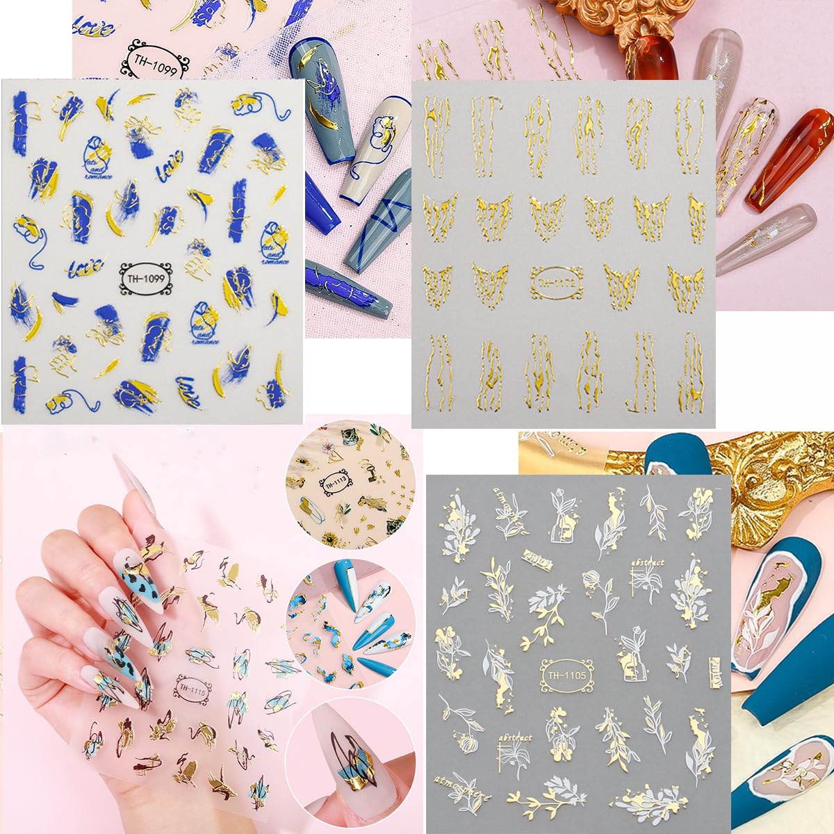 12 Sheets Graffiti Nail Art Stickers 3D White Black Gold Stripe Line Nail Decals Self-Adhesive Abstract Marble Wave Flower Leaf Stickers for Nail DIY Decoration Nail Accessories for Women French Nail