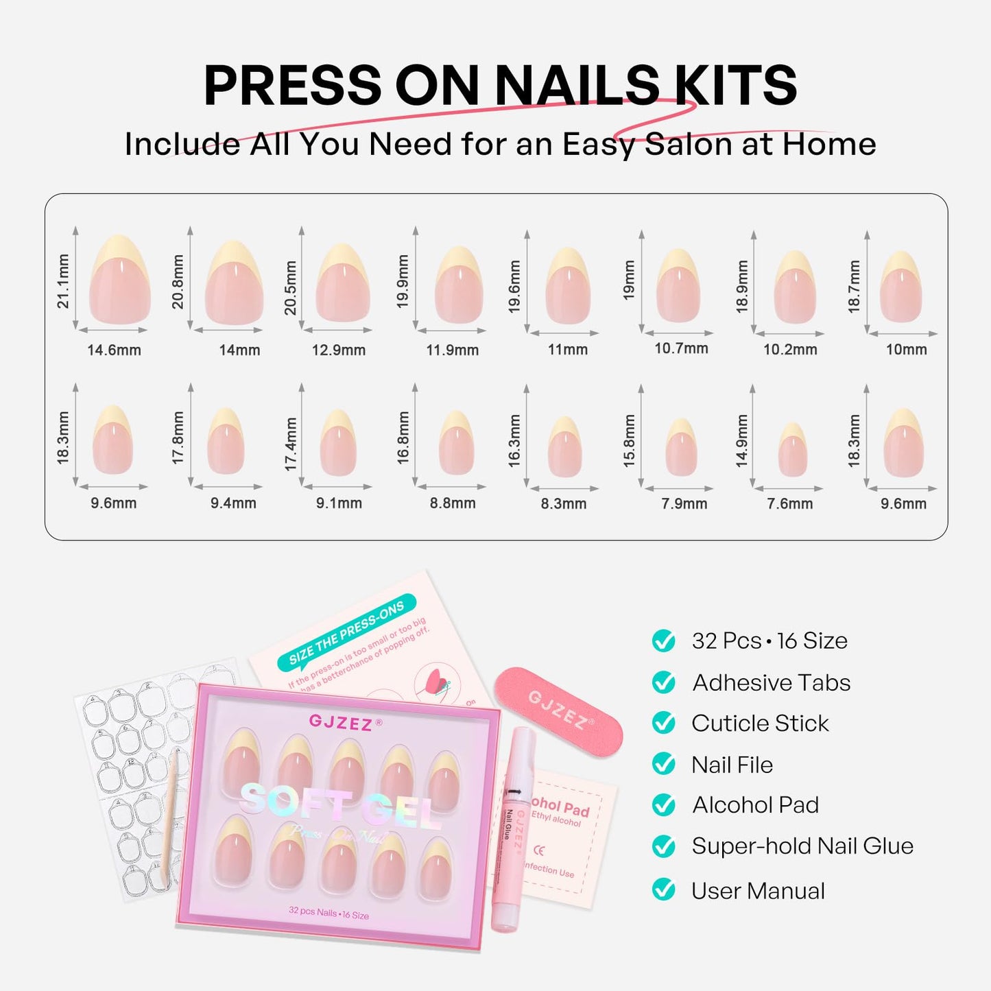 Butter Yellow French Tip Press on Nails - GJZEZ Soft Gel Spring Fall Short Almond Glue on Nails, Long Lasting Salon Perfect Handmade Cute Fake Nail Press Ons | 16 Sizes - 32 Reusable Nail, Buttermilk