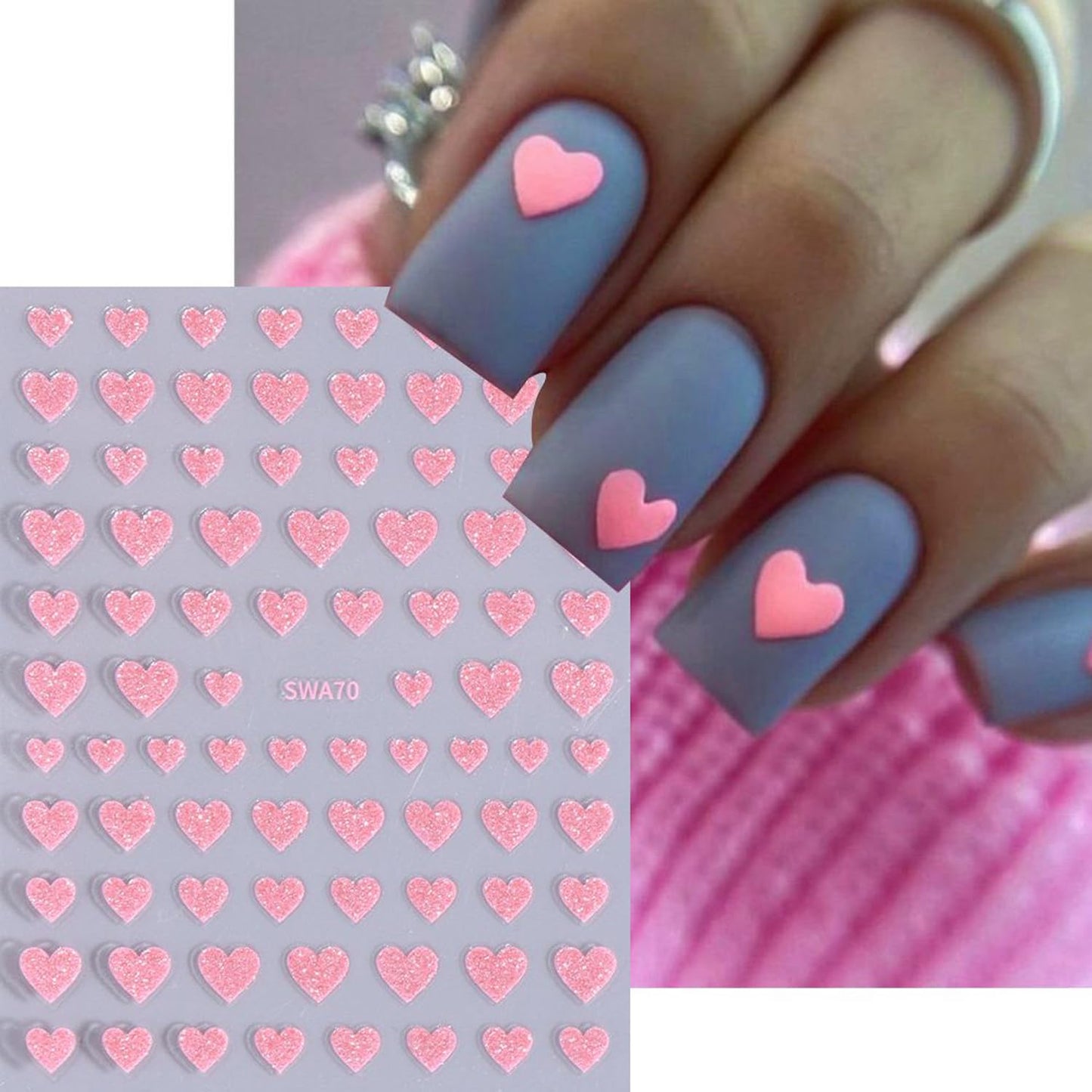BSBTBZ Heart Nail Stickers - Valentine's Day Love Style Shiny Glitters Red Pink Self-Adhesive Glitter Powder Effect Valentine's Hearts Nail Design for Women DIY Manicure Supplies