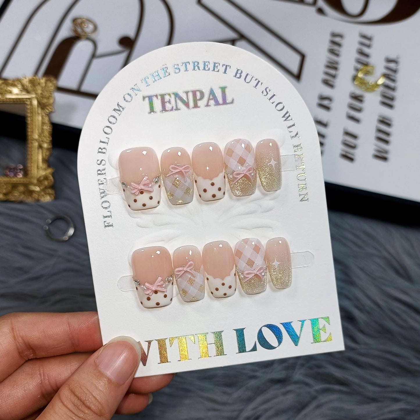 TENPAL 10Pcs Y2K Short Medium Coffin Press On Nails With Tools Kit,Light Pink Cat Eye French Fake Nails with Dot Bow Plaid Pattern,K-Beauty Acrylic Glue on Nails for Wedding Party Daily Wear(S)