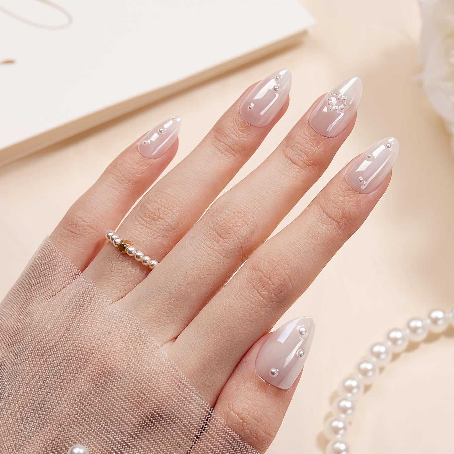 VSALON Short Almond Press on Nails - White Chrome Glazed 3D Pearl Design Fake Nails, Spring Summer Reusable Gel Salon Quality Glue on Nails & Cuticle Oil - 32 PCS Stick on Nails in 16 Sizes