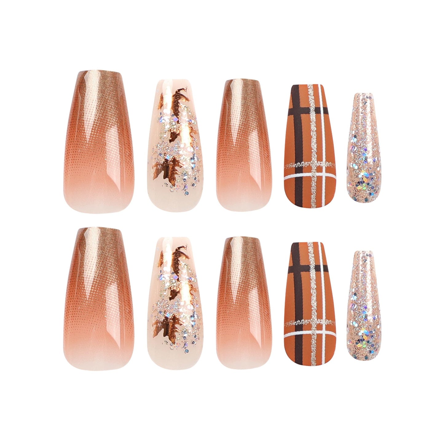 Press On Nails Long Coffin Fake Nails, Brown & Gold Maple Leaf Sequin Acrylic Nails, 24 PCS Fake Nails with Nail File & Glue Tabs, Reusable ABS Material