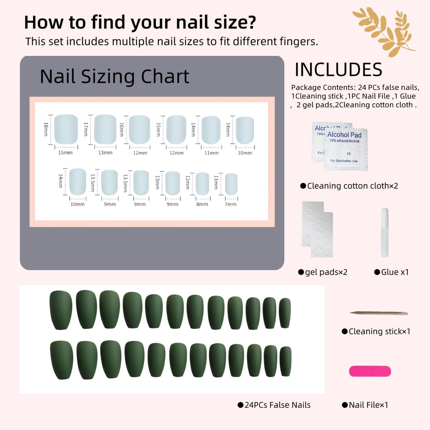 DARKMXTR Matte Green Press-On Nails, Long Almond Fake Nails with Adhesive Tabs & Glue for Women (24 Pcs)