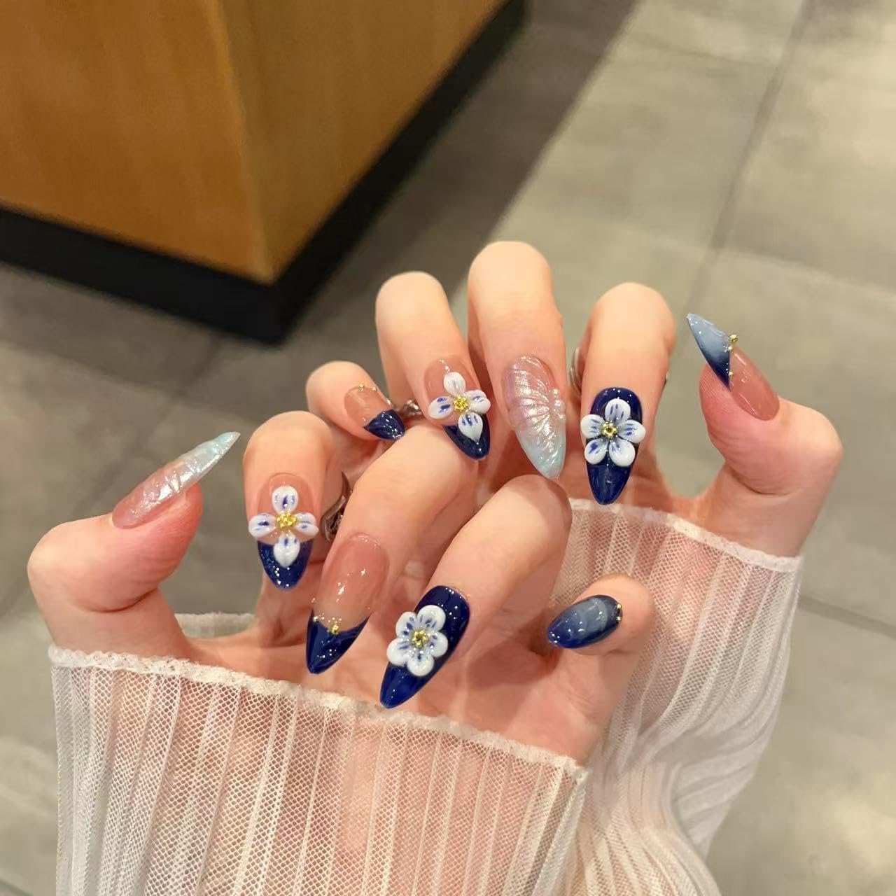Handmade Press-On Nails – Medium Almond Thick Acrylic Gel Nails, Reusable 3D Flower False Nails, Gradient Blue French Tip Manicure – Salon-Quality DIY Nail Art(10PCS-M)