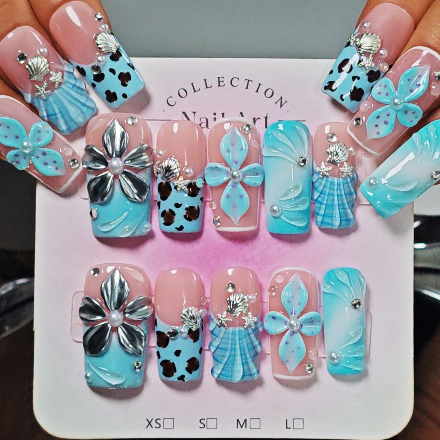 Handmade Press On Nails Square, Blue Press On Nails Medium, 3D Acrylic Nails French Tip Silver Flower Shell Leopard For Women Gift, Reusable Stick On Fake Nails Kit With Nail Glue(Tidal Blossom-M)
