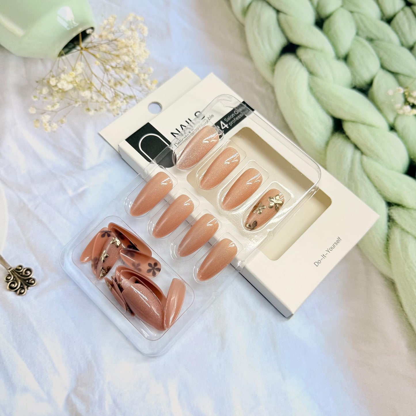 Almond Press on Nails Medium Fake Nails with Designs Gold Flower Stick on Nail Glitter Acrylic False Nail Cute Artificial Nail Press ons Glossy Full Cover Glue on Nails for Women 24Pcs