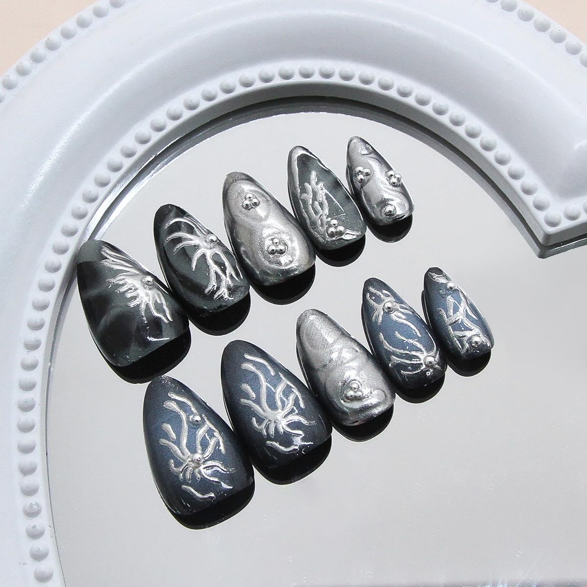 WBRRFJJ 30Pcs Dark Almond Halloween Fake Nails with 3D Y2k Irregular Silver Design Pearl Jewelry Glitter Full Cover Artificial Glue on Nails Gothic Stick on Nails for Women
