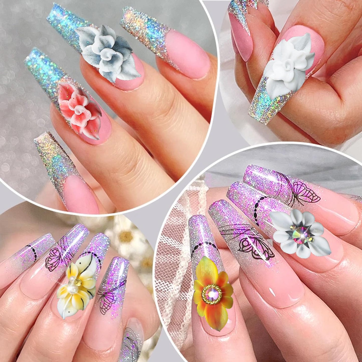 DANNEASY 12pcs Acrylic Flower for Nails 3d Simulation Nail Flowers 3d Floral Nail Charms with AB Rhinestones Flower Charms for Nails Decor Resin Nail Art Decoration
