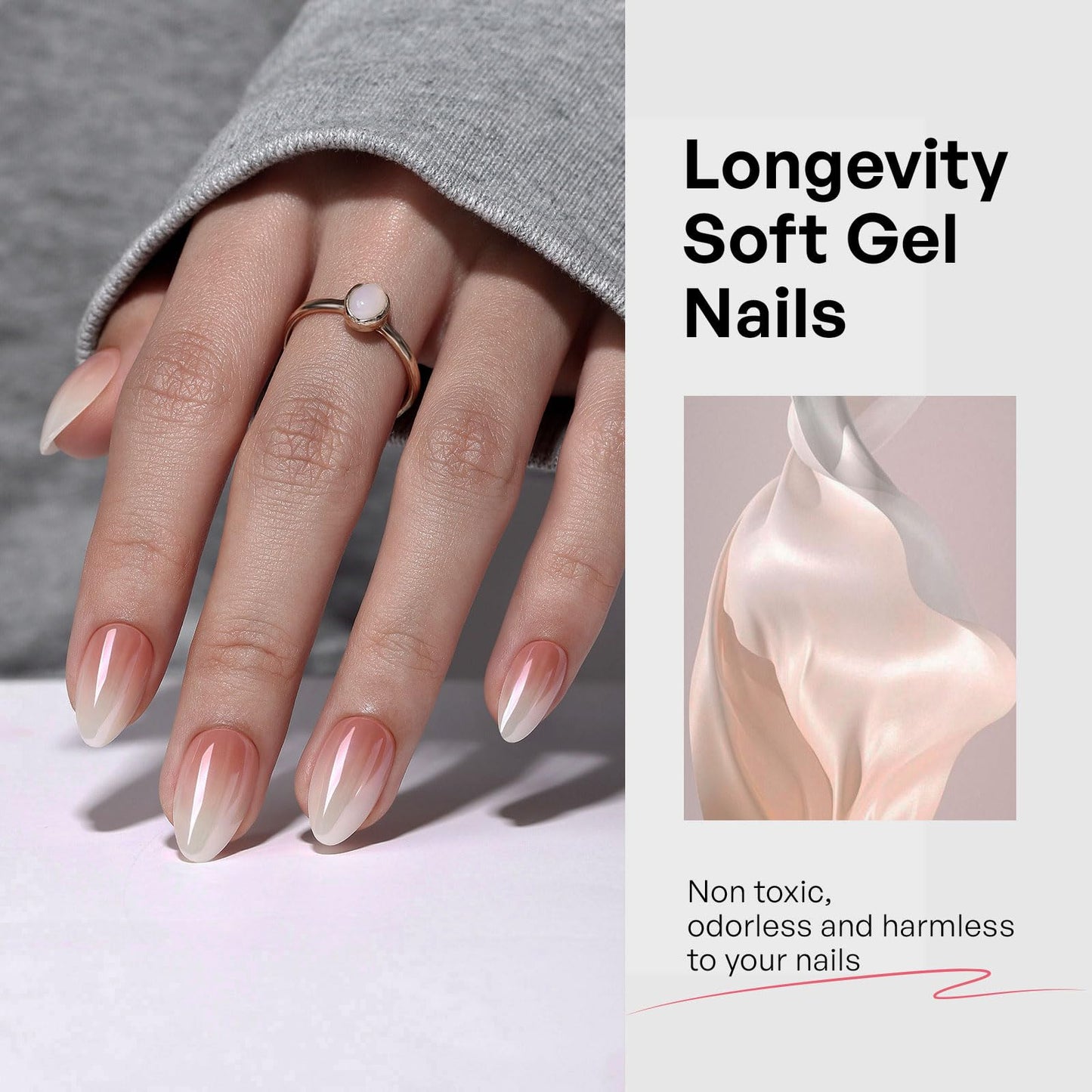 Chrome Press On Nails Short Almond - GJZEZ Soft Gel Glazed Donut Fake Nails Press Ons with Ombre Deign, Nude to Milky White Spring Summer Reusable Faux Nail Gifts for Women in 16 Sizes - 32PCS