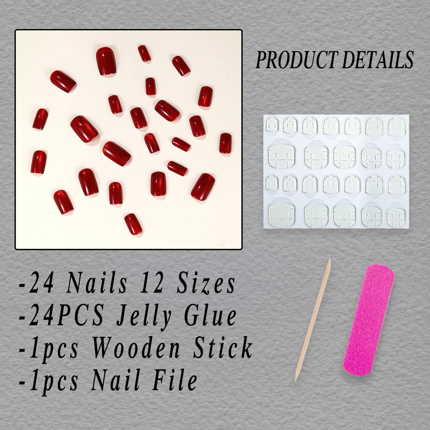 Red Press on Nails Fake Nails Short Square False Nails with Glitter Glossy Full Cover Glue on Nails Wine Red Reusable Artificial Stick on Nails for Women Girls Nail Manicure Decoration 24pcs
