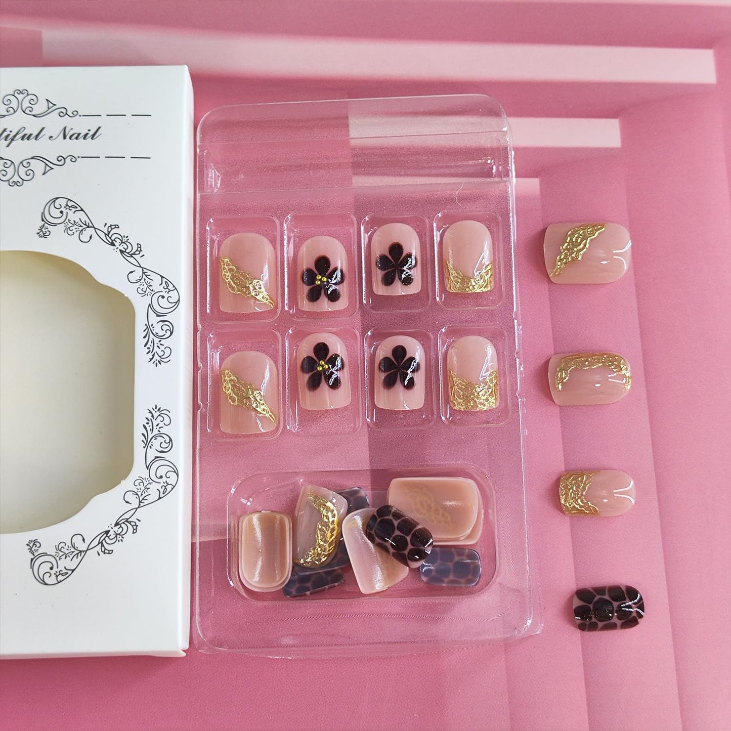 Gold French Tip Press on Nails Short Square Fake Nails with Flower Leopard 3D Designs Floral Glue on Nail Reusable Artificial Acrylic Extra Short Full Cover Stick on Nail for Luxury Women 24 Pcs