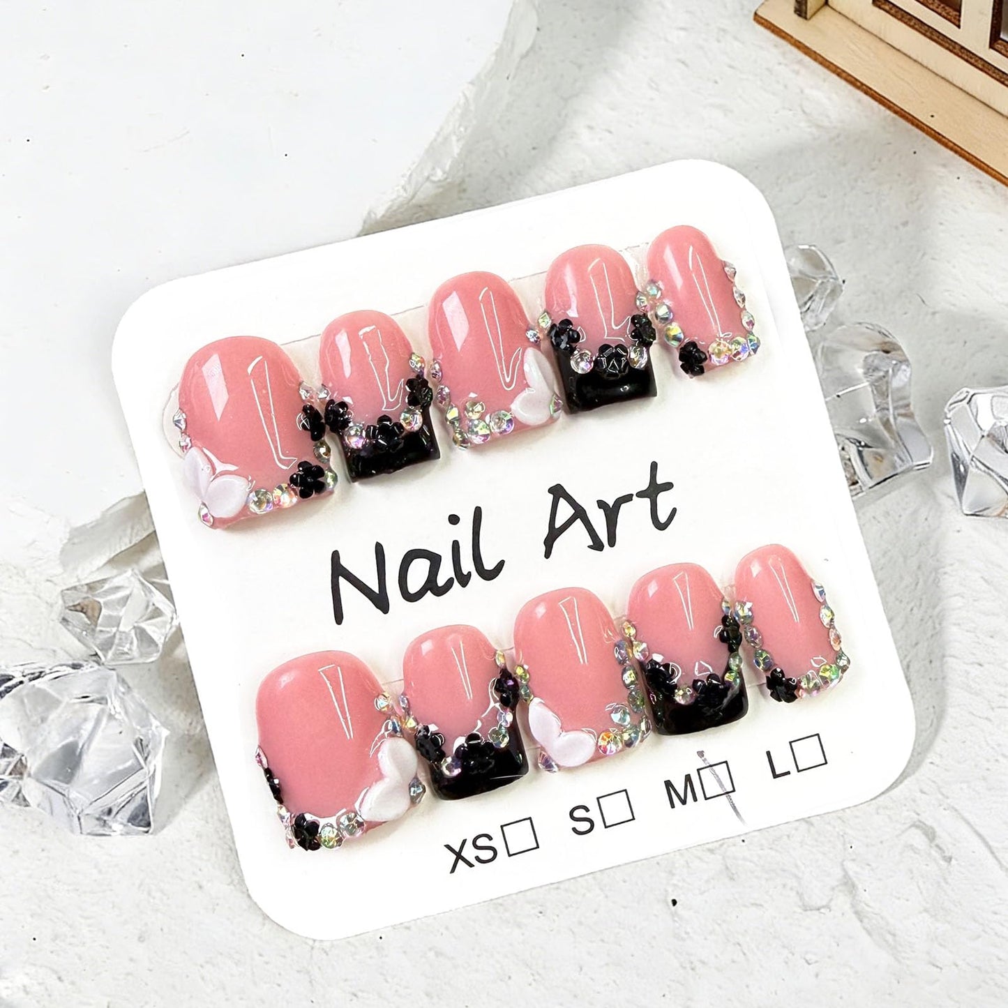 10 Pcs Handmade Press on Nails Short Square Fake Nails with 3D Flower Rhinestones Charms Design Black French Tip Pink False Nails Acrylic M Size Press Ons Nails Square for Women