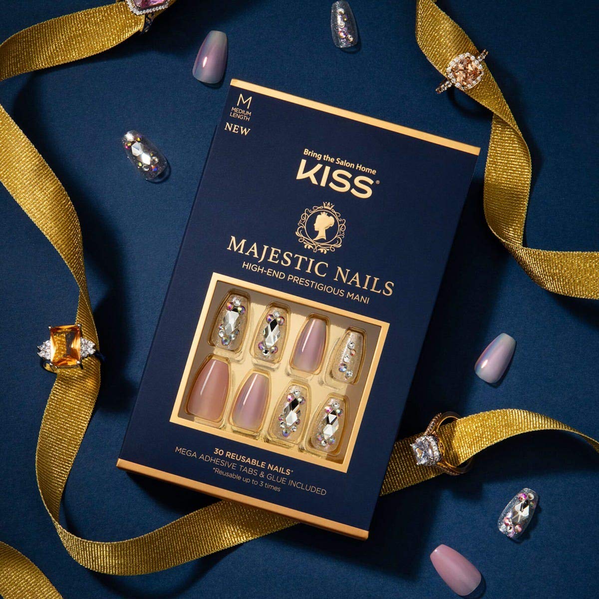 KISS Majestic Fake Nails, 'In a Crown', High-End Gel Nails, 30 Reusable Medium Length Coffin Shaped Glue-On & Press-On Jeweled Accent Glue On Nails