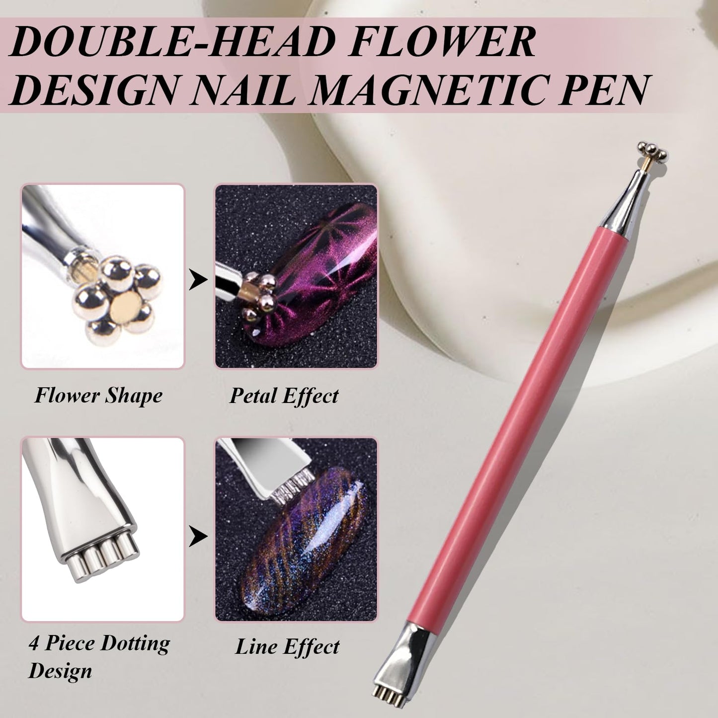 Plman Double-Head Cat Eye Nail Magnet Set, Nail Magnet Tool with Magnet Beads and Nail Magnet Guides, Flower Design Nail Magnetic Pen, Cat Eye Magnet for Nail Art DIY (Double-Head Set-Pink)