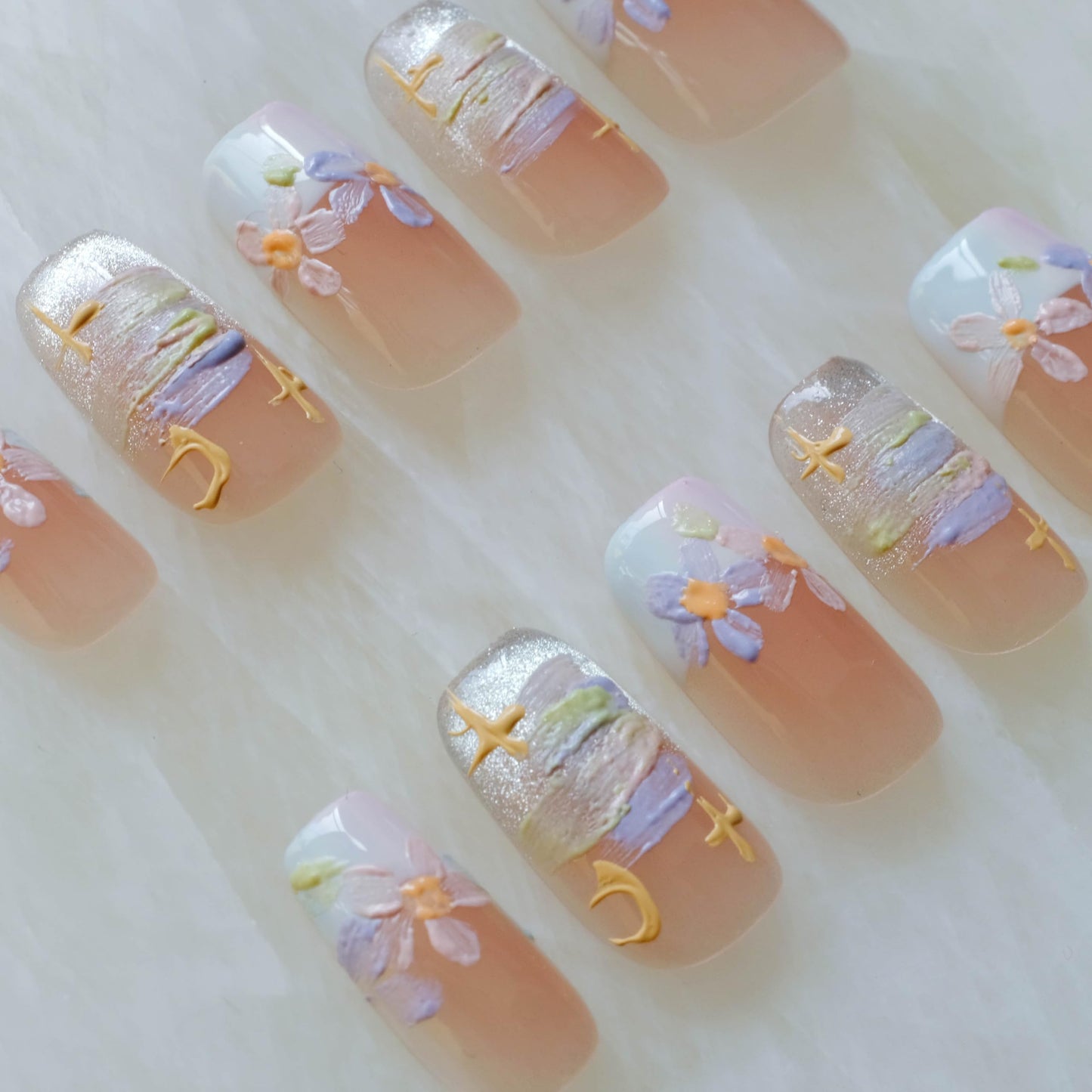 [GLORS] Purly Handmade Medium Ballerina Press on Nails | Oil Painting Style Flower in White and Nude French Tip Nails, 10 Pieces (Small, MB)